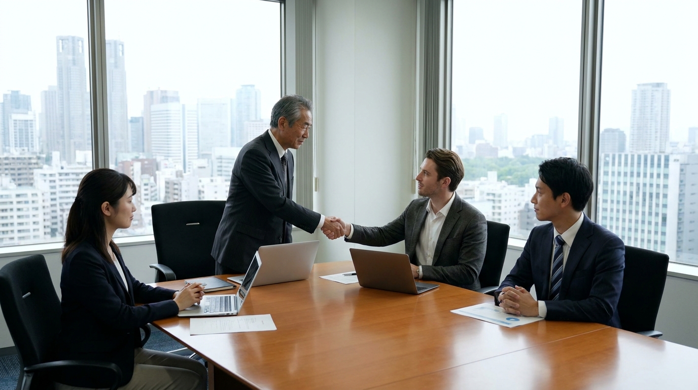 Japanese SME owner and foreign buyer shaking hands across a conference table in a Tokyo high-rise, with advisors looking on