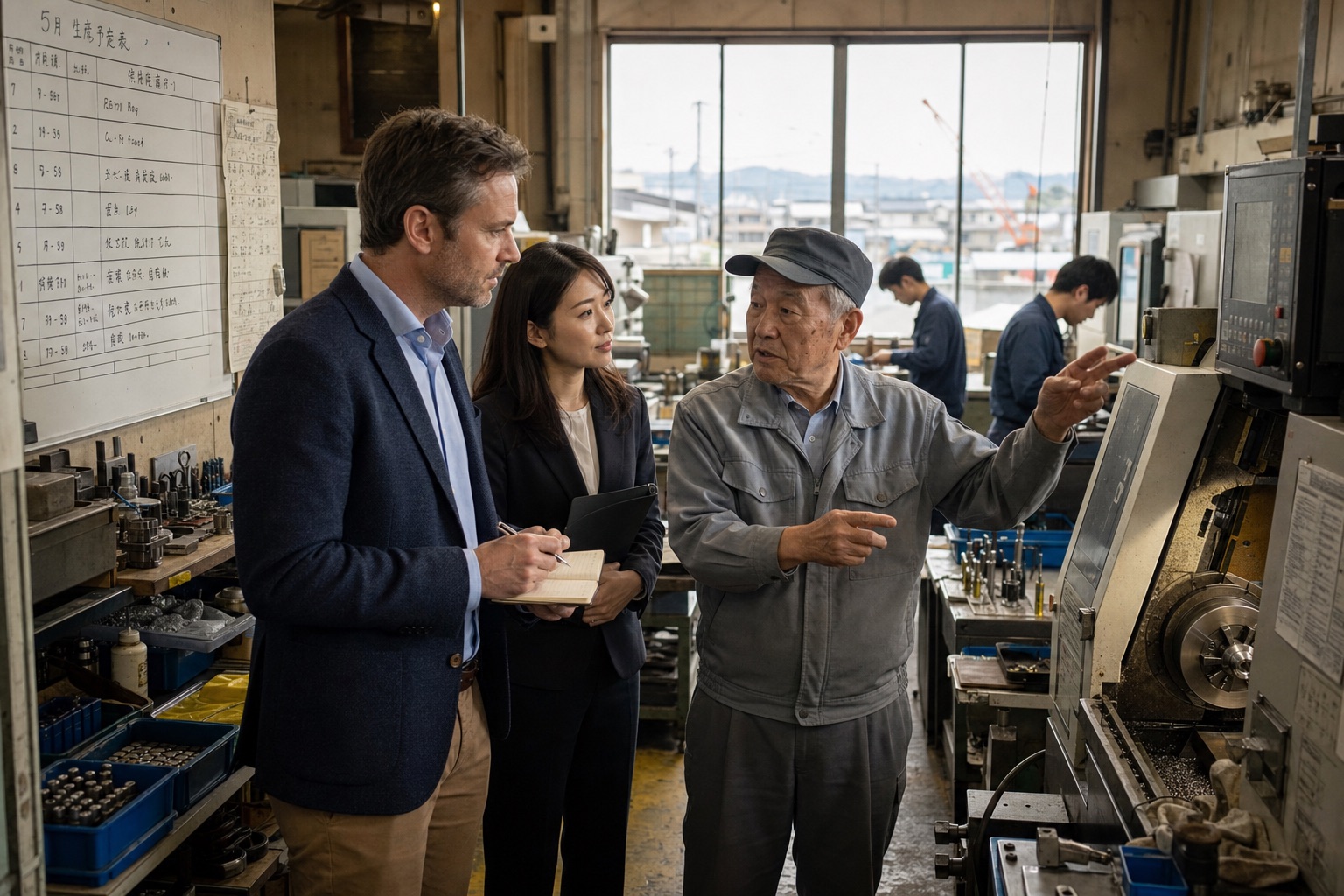 Elderly Japanese factory owner explaining a lathe to a foreign buyer and bilingual advisor inside a small precision machining workshop