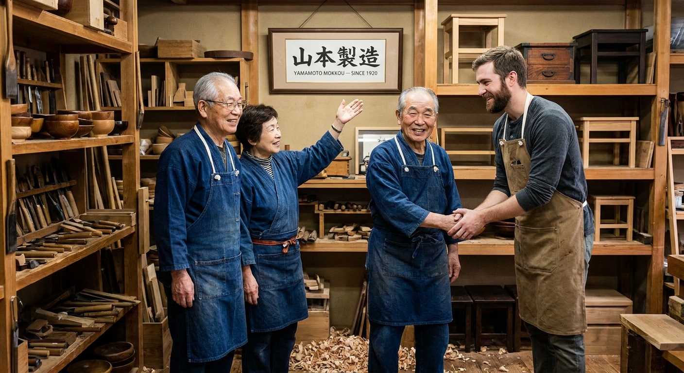 Handshake in a Japanese woodworking workshop — succession from longtime owners to a new operator