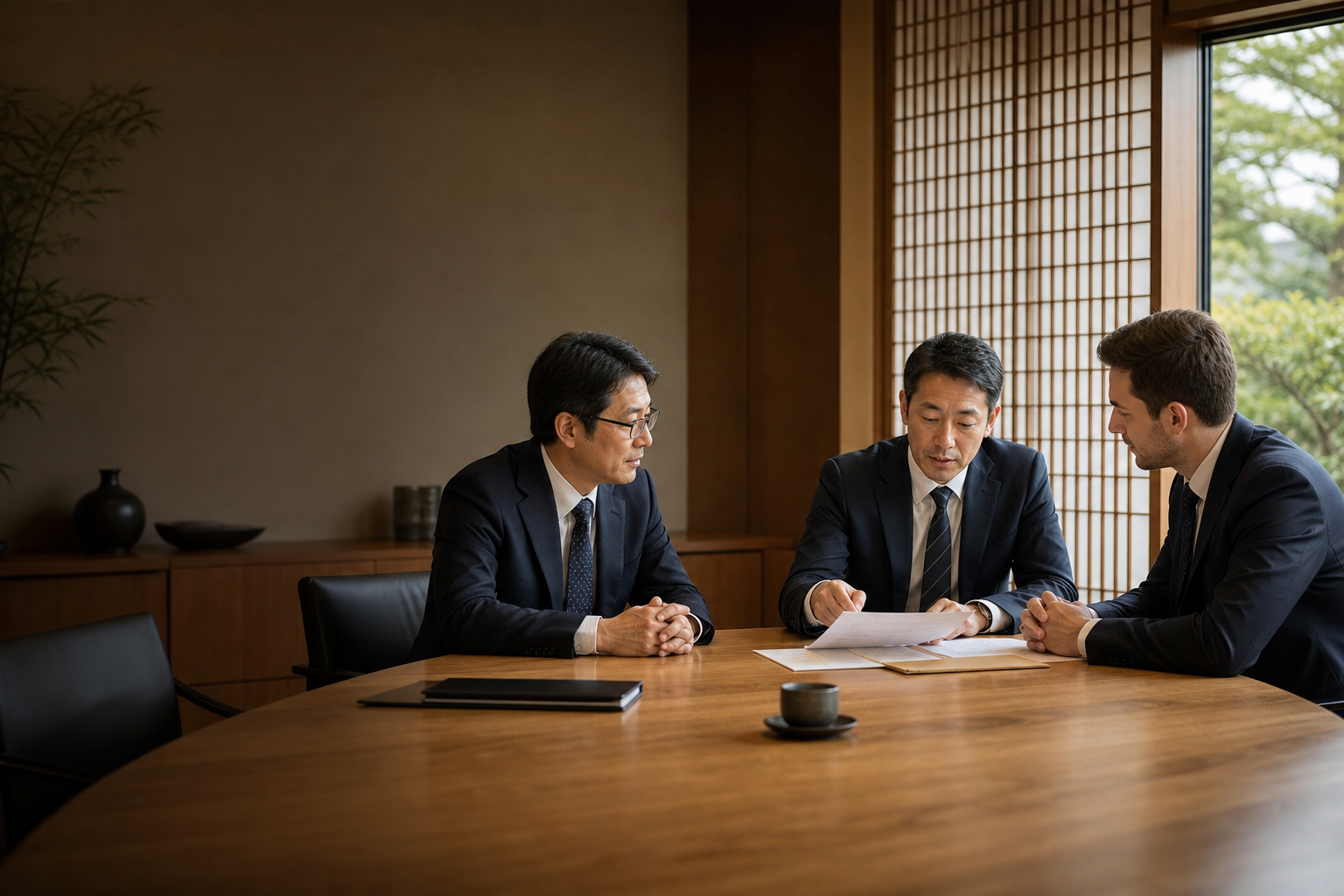 Japanese advisors and a bilingual partner reviewing a succession deal file in a refined office